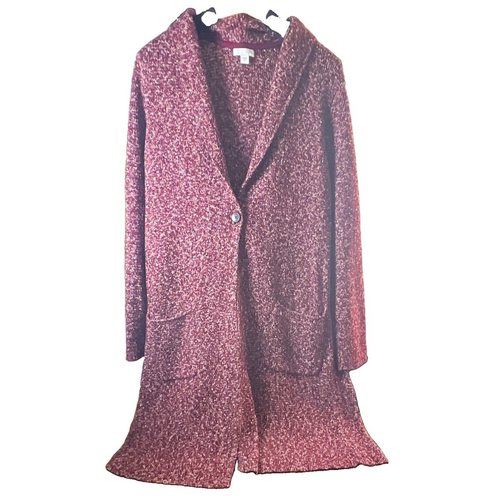 H&M Burgundy Marled Long Coatigan Button Front Pockets Long Sleeve Size M
